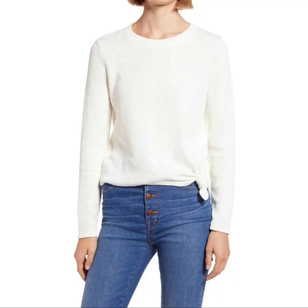Madewell Front Knot Jacquard Cream Long Sleeve Top Size M